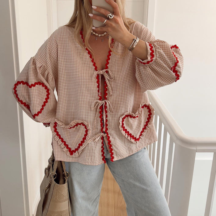 Wholesale Women's Streetwear Plaid Heart Shape Long Sleeve Blouses - view 4