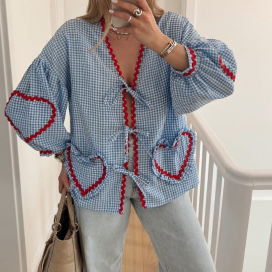 Wholesale Women's Streetwear Plaid Heart Shape Long Sleeve Blouses - view 2