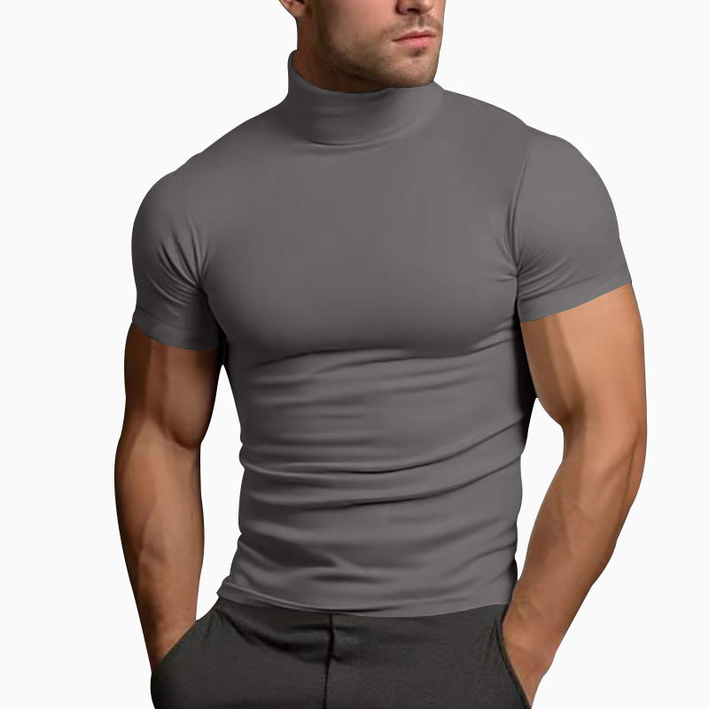 Men's Solid Color Simple Style Turtleneck Short Sleeve Slim Men's T-shirt - view 5