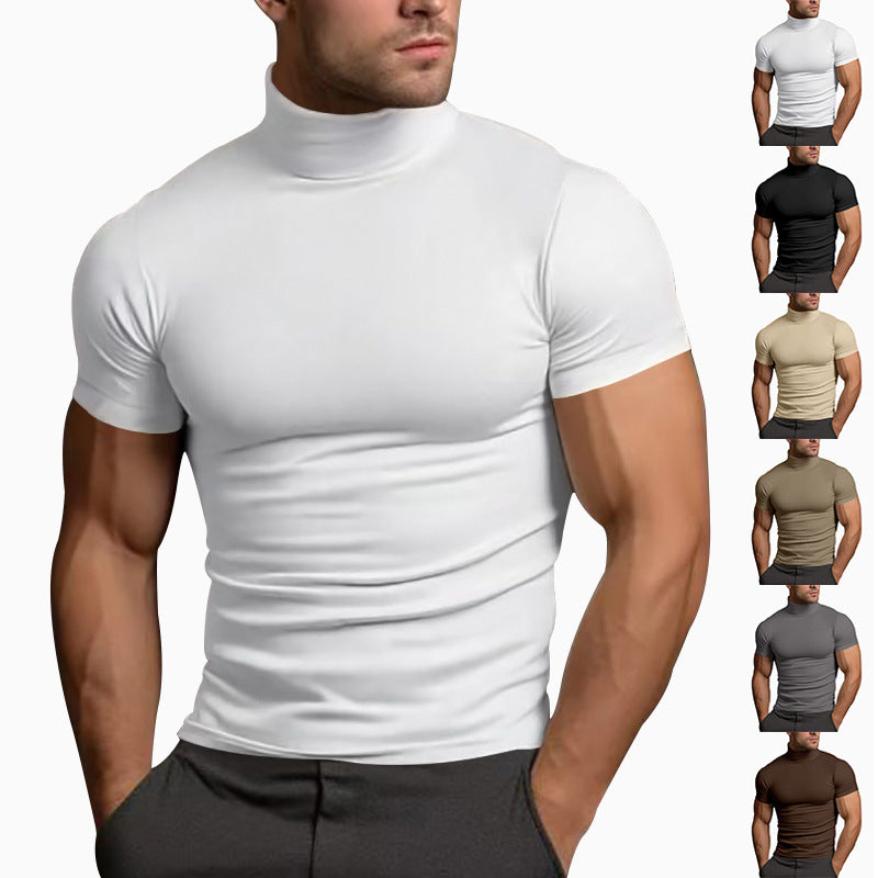 Men's Solid Color Simple Style Turtleneck Short Sleeve Slim Men's T-shirt - front view