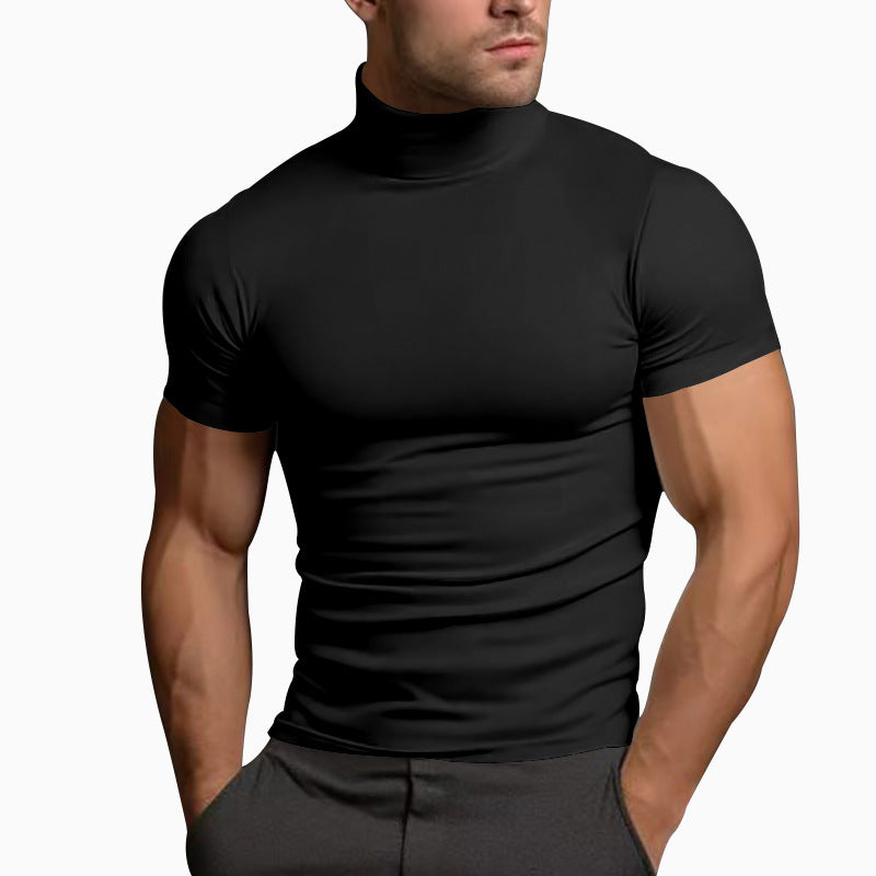 Men's Solid Color Simple Style Turtleneck Short Sleeve Slim Men's T-shirt - view 3