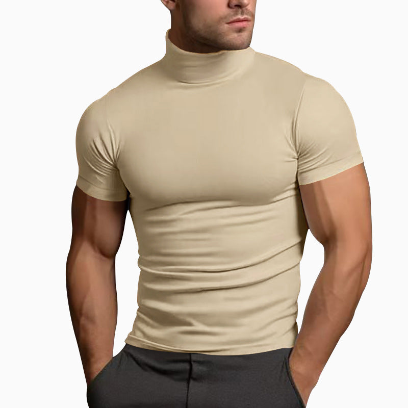 Men's Solid Color Simple Style Turtleneck Short Sleeve Slim Men's T-shirt - view 2