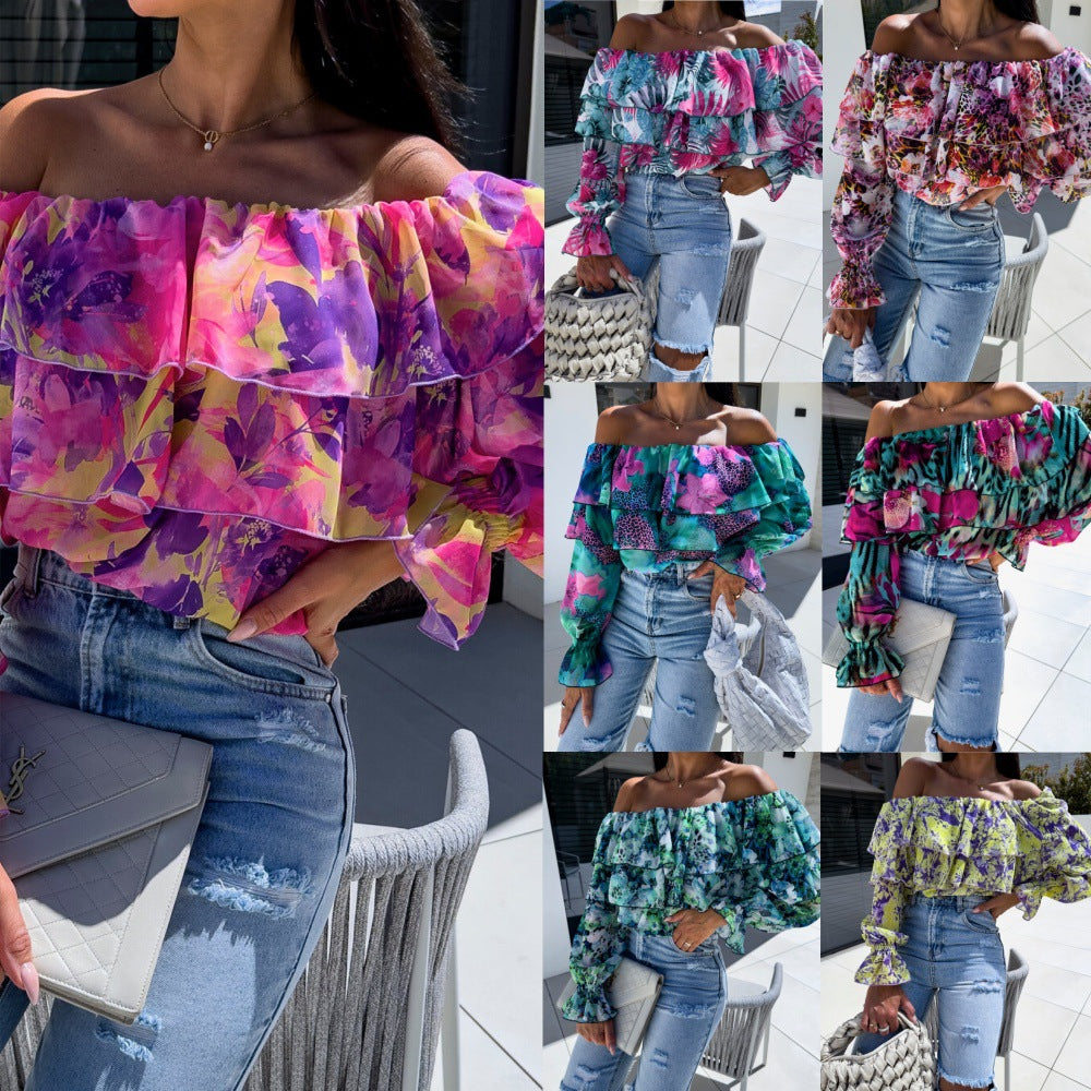 Wholesale Women's Vacation Printing Long Sleeve Blouses - front view
