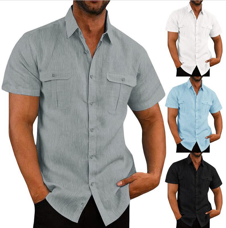 Designed European And American Men's Shirt Double Pocket Cotton Linen Short Sleeve Shirt Casual Vacation Shirt 7 Colors - front view