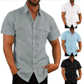 Designed European And American Men's Shirt Double Pocket Cotton Linen Short Sleeve Shirt Casual Vacation Shirt 7 Colors - front view