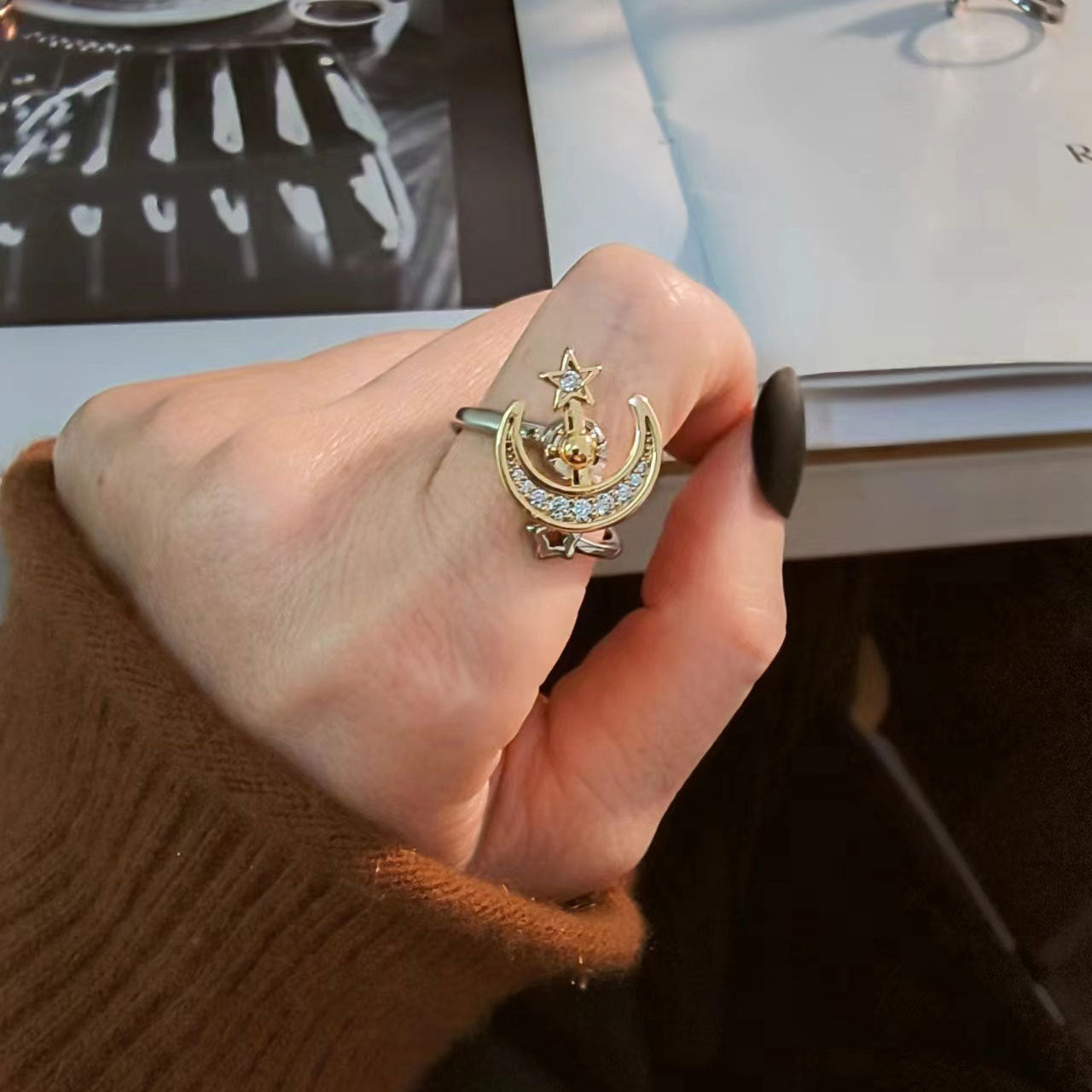Star Moon Copper Simple Style Anxiety Ring Open Rings Rings - view 4