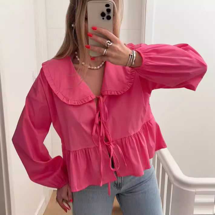 Wholesale Women's Streetwear Solid Color Long Sleeve Blouses - front view