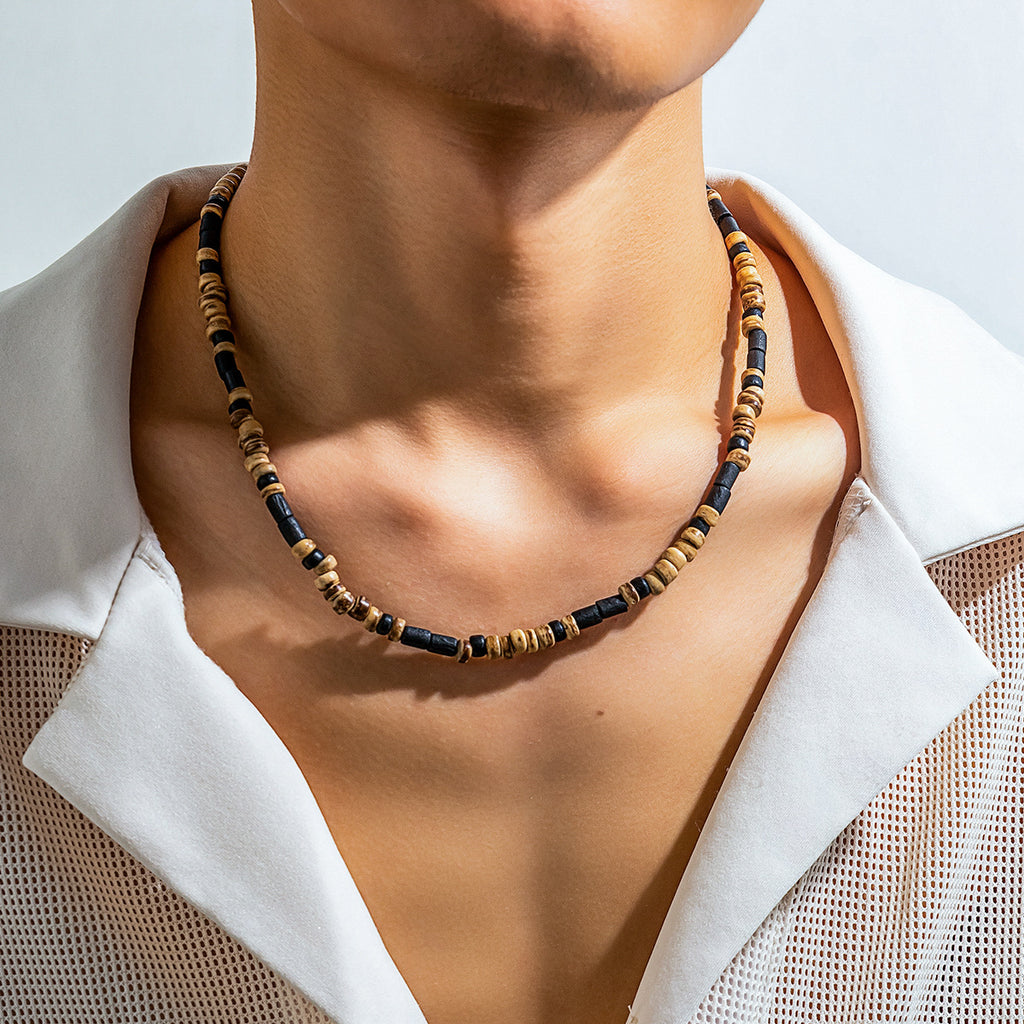 Basic Geometric Wooden Beads Beaded Men's Necklace - front view