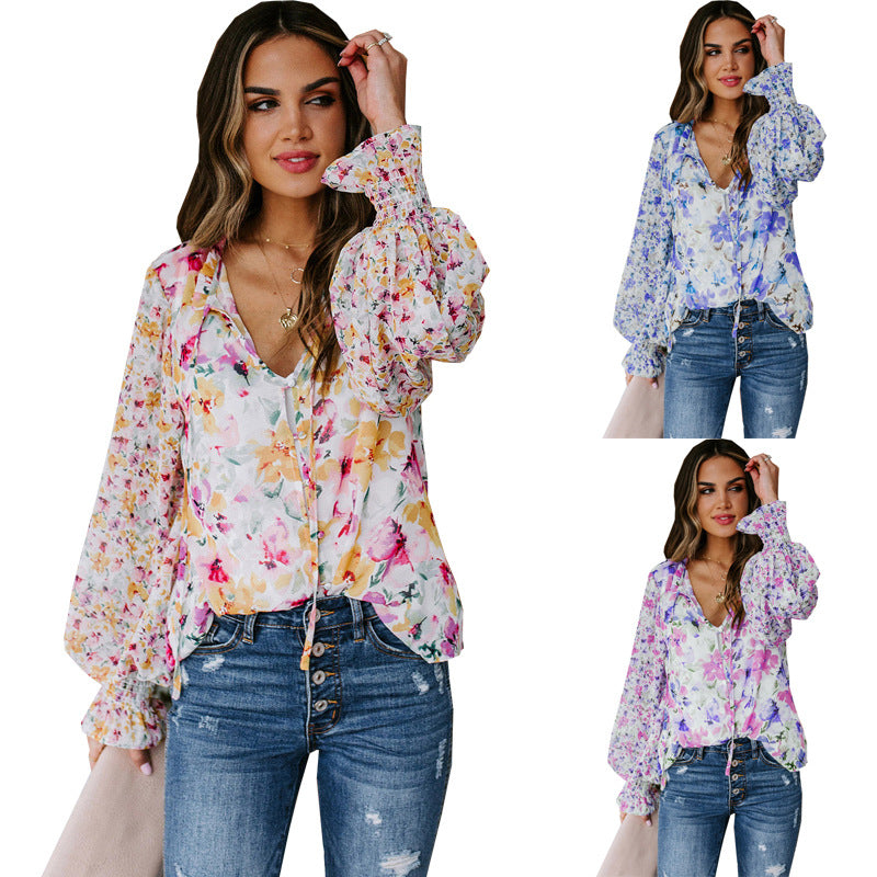 Wholesale Women's Elegant Streetwear Ditsy Floral Long Sleeve Printing Blouses - front view