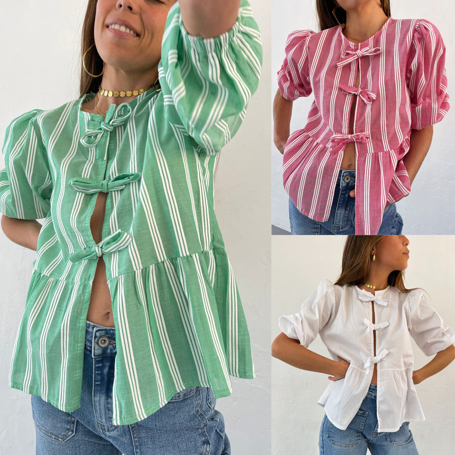 Wholesale Women's Streetwear Stripe Half Sleeve Blouses - front view