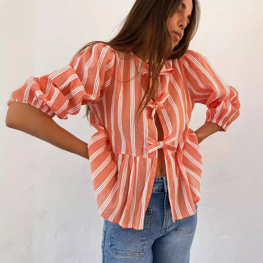 Wholesale Women's Streetwear Stripe Half Sleeve Blouses - view 3