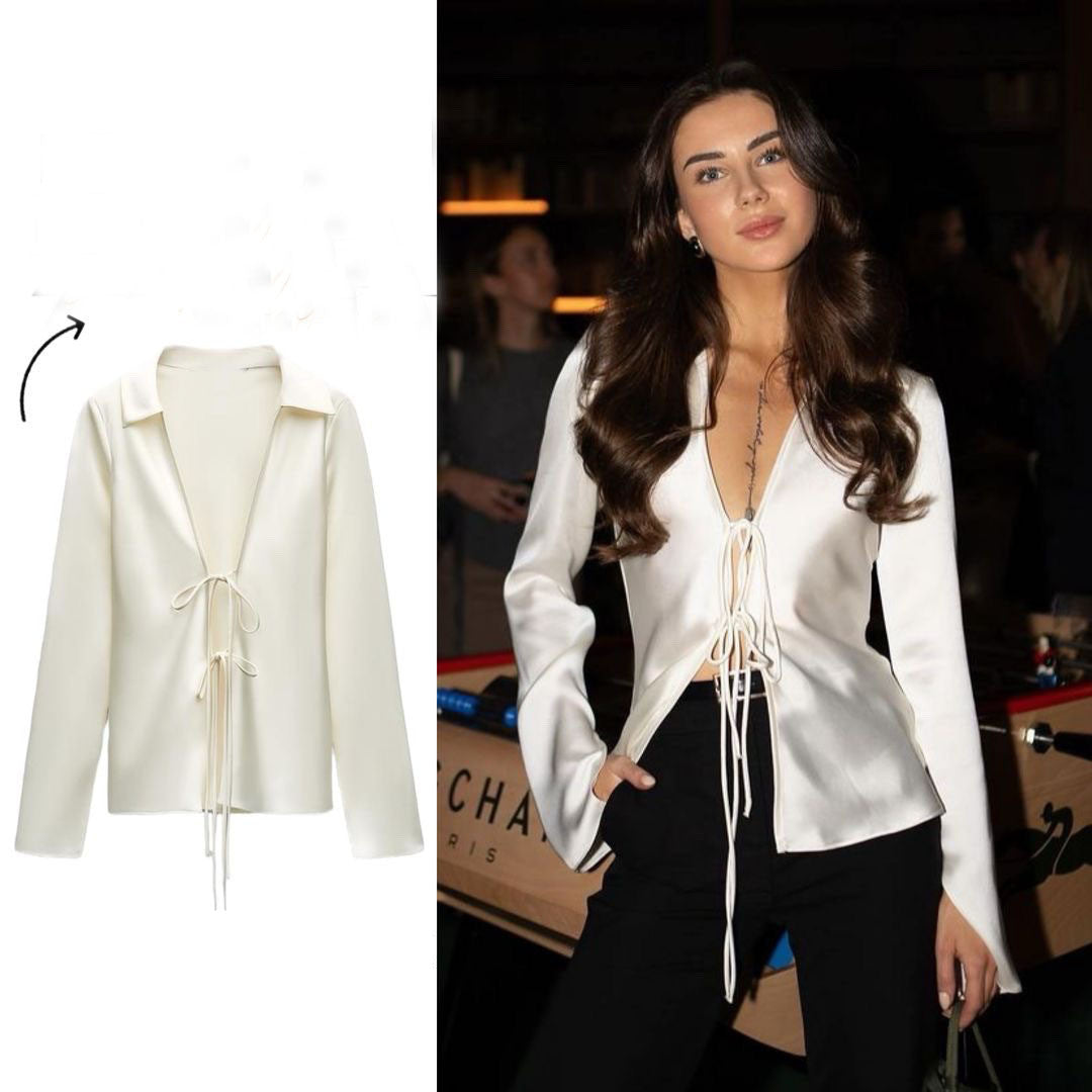 Wholesale Women's Sexy Streetwear Solid Color Long Sleeve Knot Blouses - front view