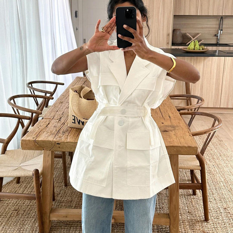 Wholesale Women's Streetwear Solid Color Sleeveless Pocket Blouses - view 3