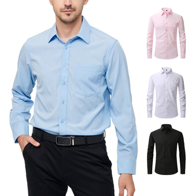 Autumn Solid Color Plus Size Four-sided Stretch Shirt Men's Business Casual Long-sleeved  Shirt Men's Shirt - front view