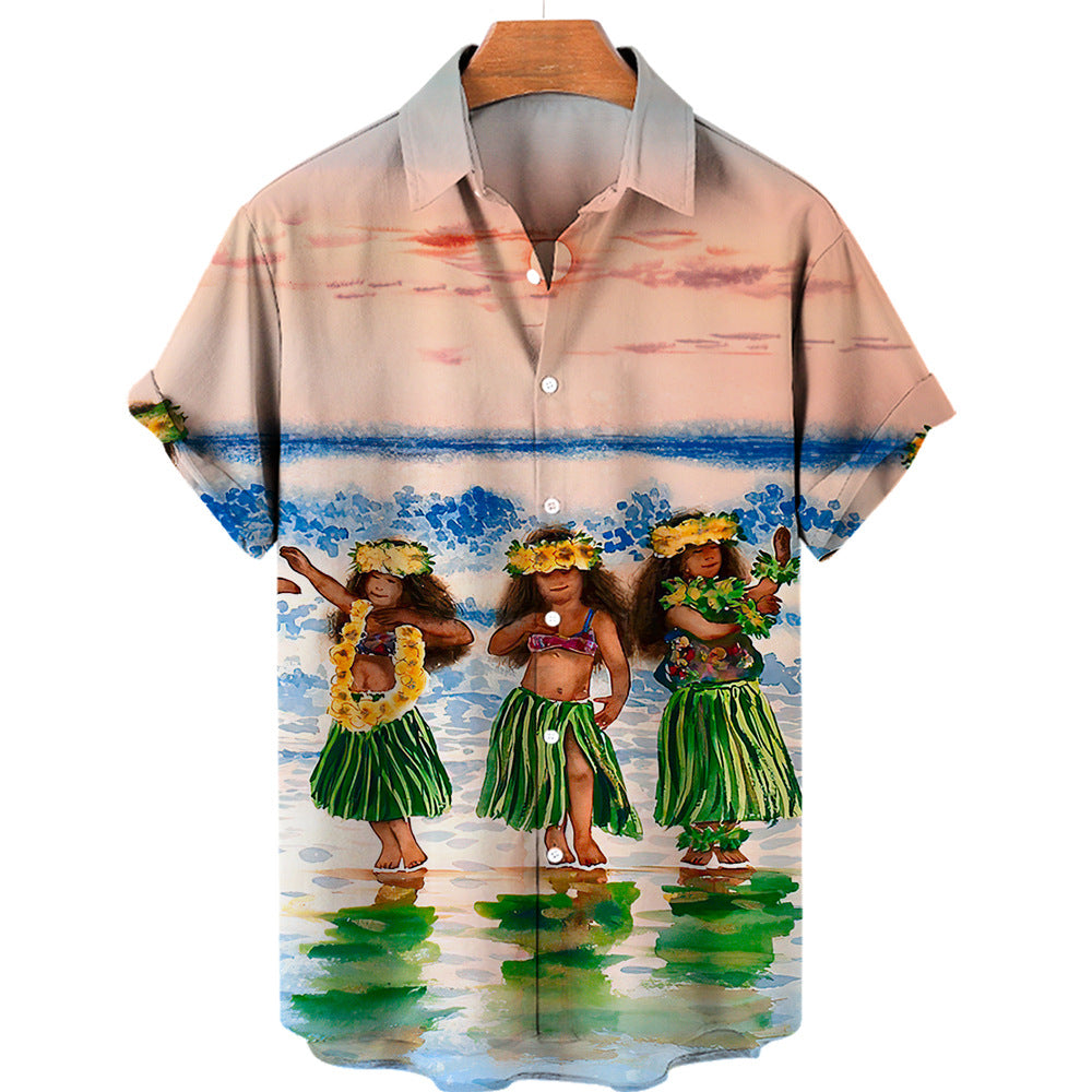 Wholesale Men's Vacation Cartoon Landscape Short Sleeve Printing Men's Tops - view 4