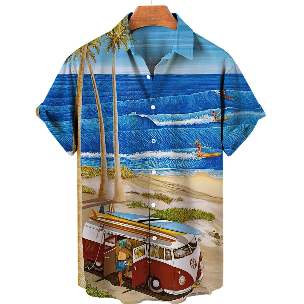 Wholesale Men's Vacation Cartoon Landscape Short Sleeve Printing Men's Tops - front view