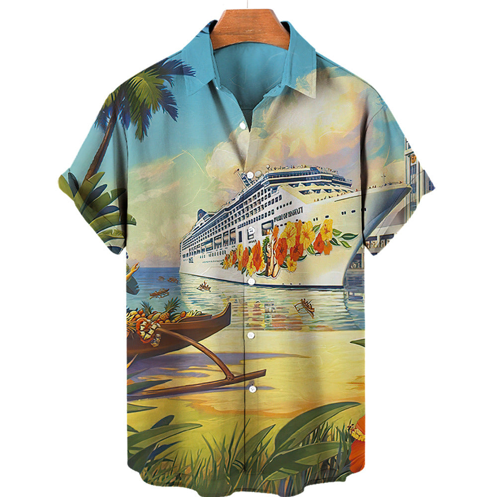 Wholesale Men's Vacation Cartoon Landscape Short Sleeve Printing Men's Tops - view 3
