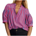 Women's Shirt New Casual Striped Stitching Open Barrel V-neck Women's Top Foreign Trade New Products - front view