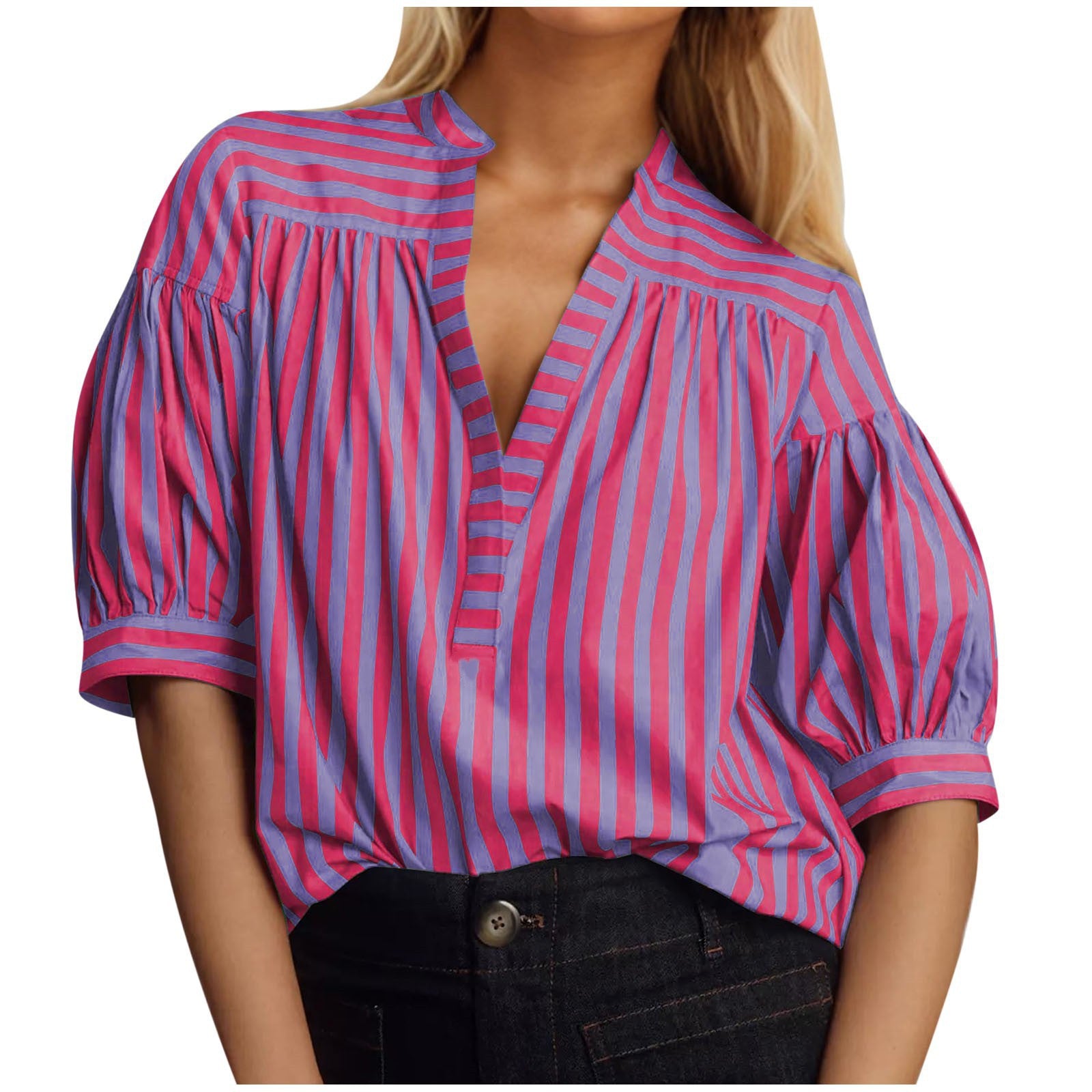 Women's Shirt New Casual Striped Stitching Open Barrel V-neck Women's Top Foreign Trade New Products - front view