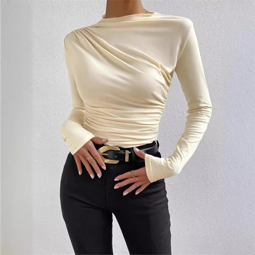 Solid Color Slim Bottoming Shirt Versatile Pleated Design Long Sleeve T-shirt Women's Top - front view