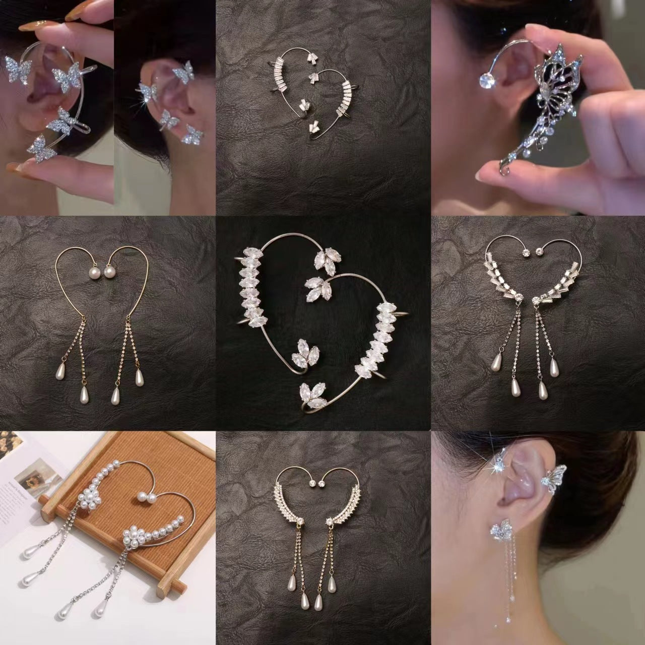 Super Flash Diamond Butterfly Ear Clip Ear Hanging Zircon Pearl Tassel One-piece Earrings Advanced Sense Earrings No Ear Holes Wholesale - front view