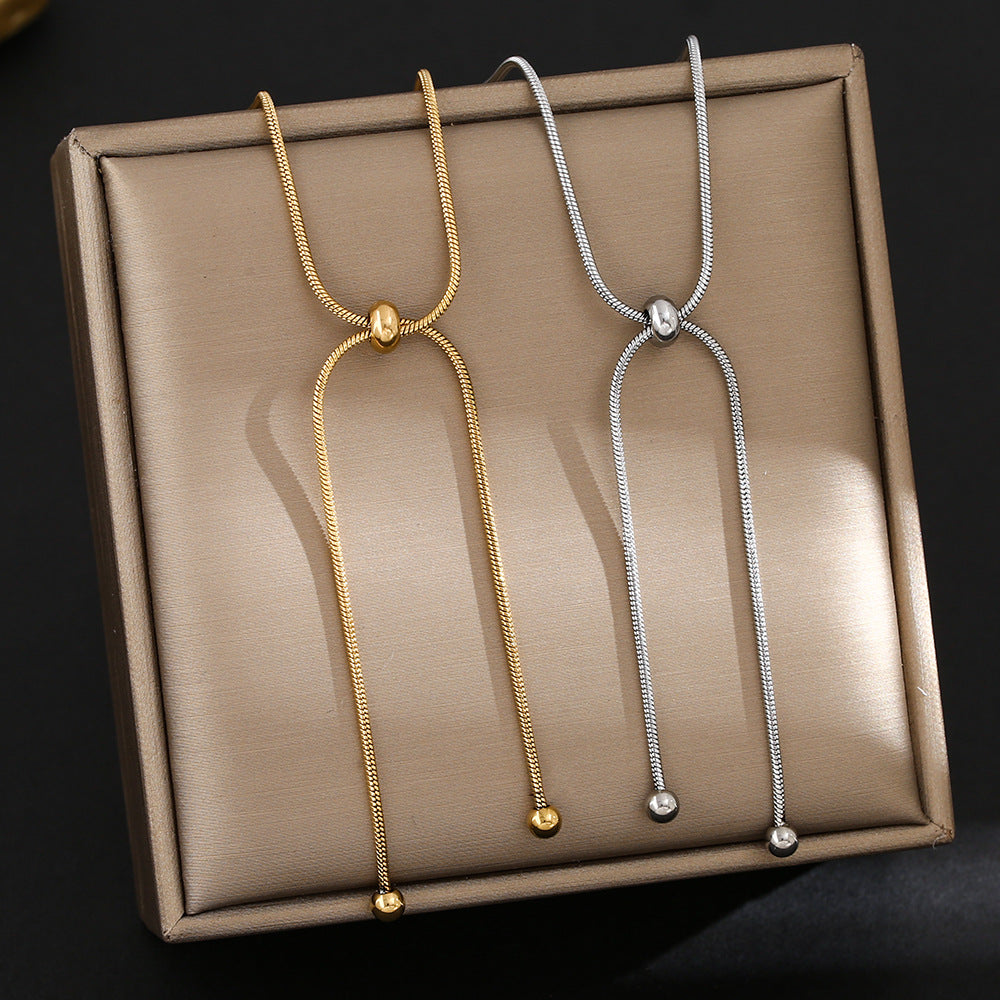 Simple Drawstring Necklace Round Beads Design 304 Stainless Steel Necklace - front view