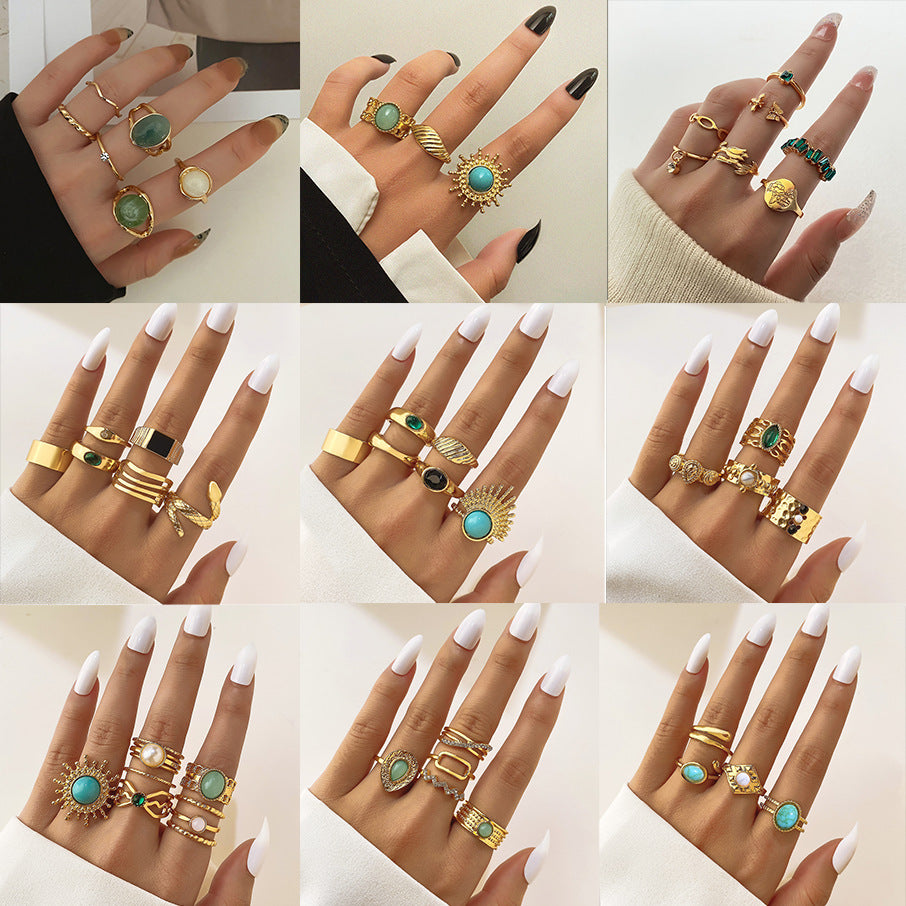 French Retro Style Emerald Metal Ring Set Niche High-end Irregular Ring Ring Ring Wholesale - front view
