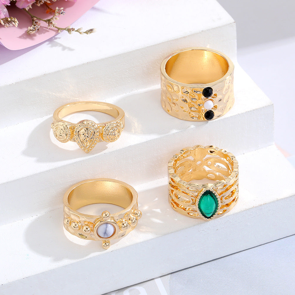 French Retro Style Emerald Metal Ring Set Niche High-end Irregular Ring Ring Ring Wholesale - view 3
