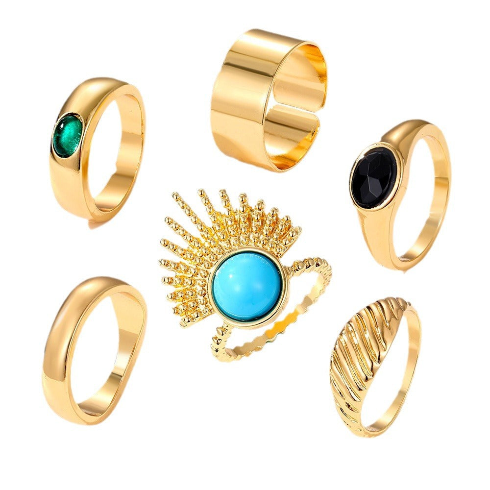French Retro Style Emerald Metal Ring Set Niche High-end Irregular Ring Ring Ring Wholesale - view 5