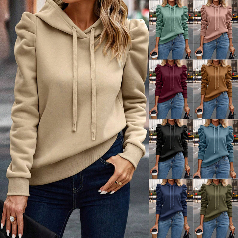Autumn And Winter New Fashion  Collar Hooded Solid Color Long Sleeve Casual T Women's Top Sweater - front view