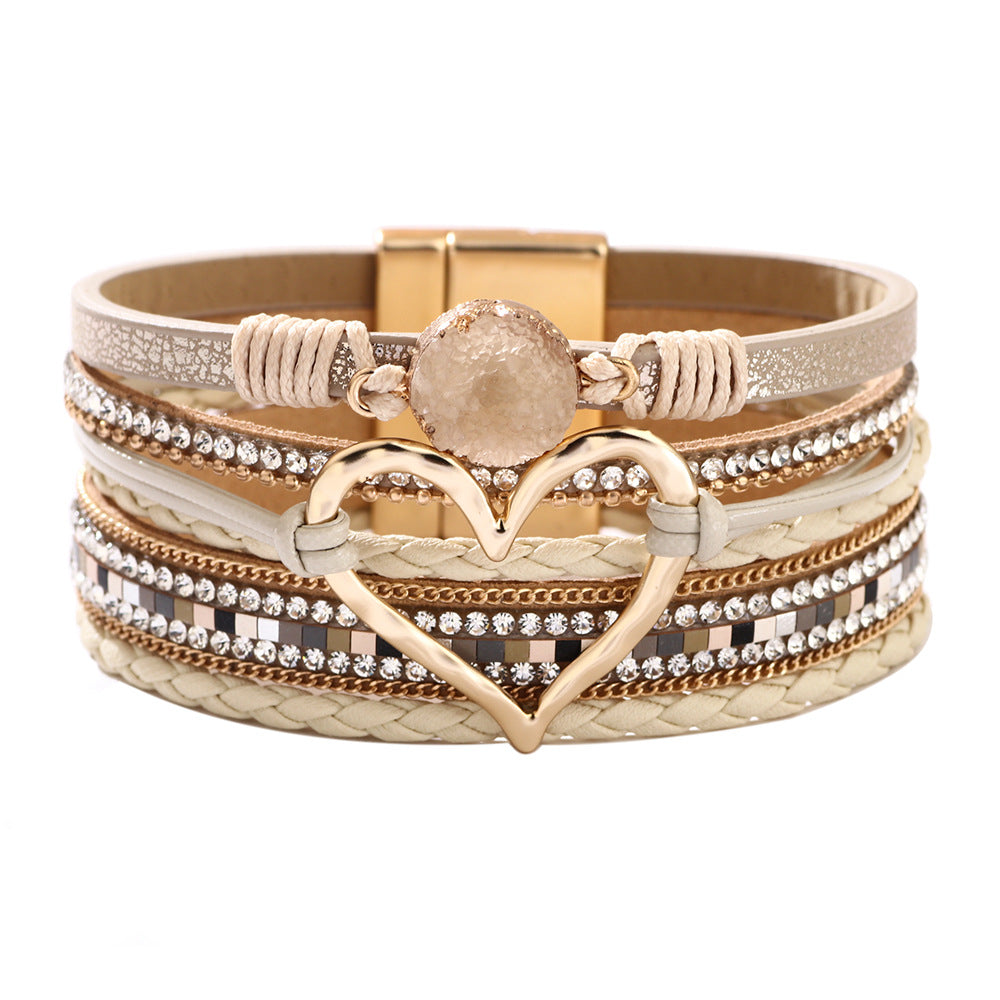 Fashion  Bracelet Female Bohemian Love Rhinestone Magnetic Bracelet PU Artificial Leather Soft Bracelet - front view