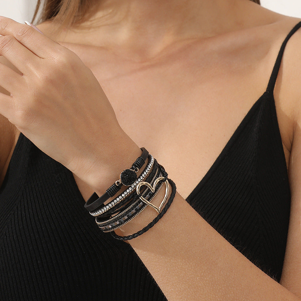 Fashion  Bracelet Female Bohemian Love Rhinestone Magnetic Bracelet PU Artificial Leather Soft Bracelet - view 2