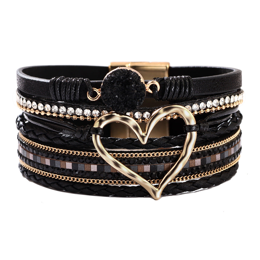 Fashion  Bracelet Female Bohemian Love Rhinestone Magnetic Bracelet PU Artificial Leather Soft Bracelet - view 5
