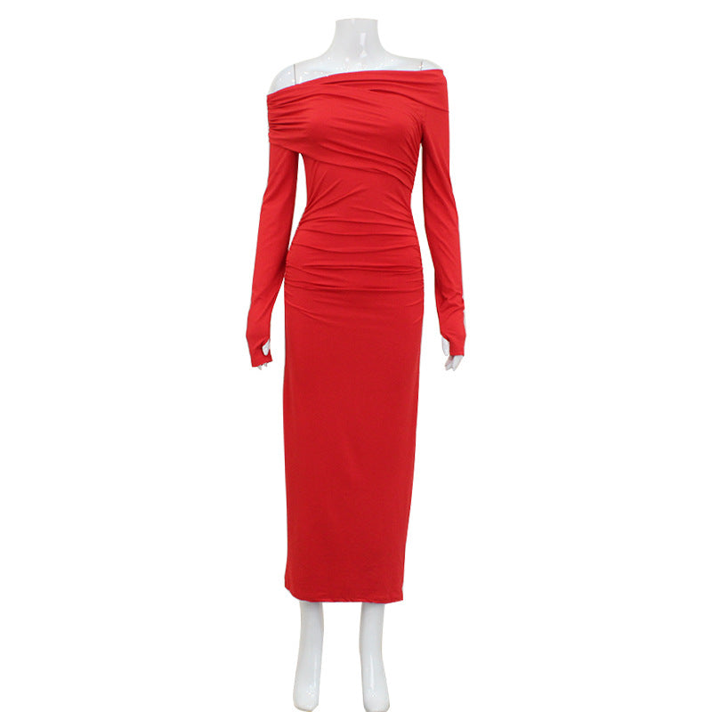Long Cross Shoulder Women's Dress Autumn Winter Pleated Bodycon Dress Business - view 5