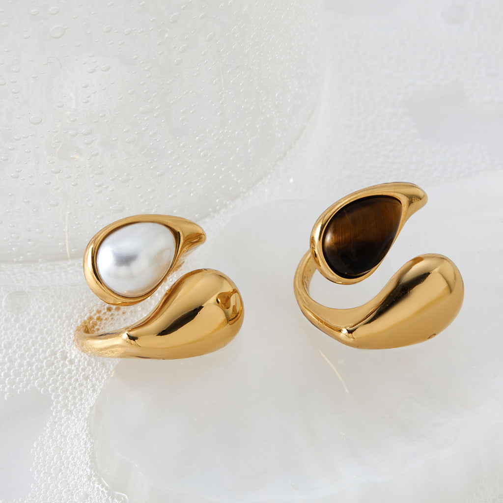 Real Gold Plated 304 Stainless Steel Ion Plating (IP) Pearl Tiger Eye Geometric Waterproof Non Tarnish Simple Style Open Rings For Women's - view 4