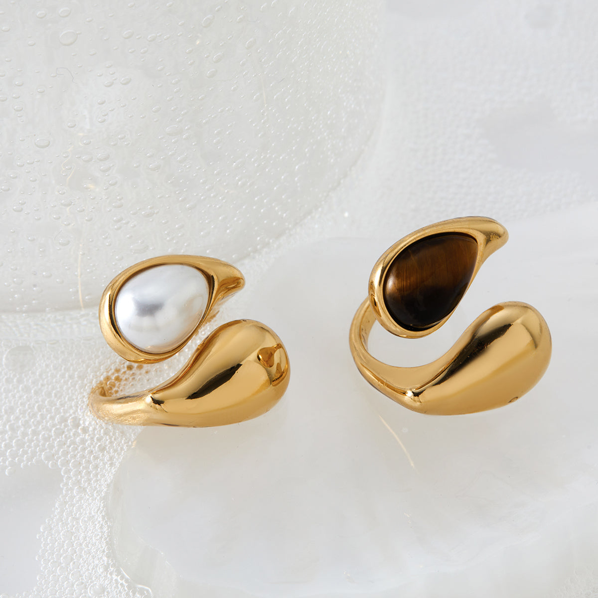 Real Gold Plated 304 Stainless Steel Ion Plating (IP) Pearl Tiger Eye Geometric Waterproof Non Tarnish Simple Style Open Rings For Women's - view 4
