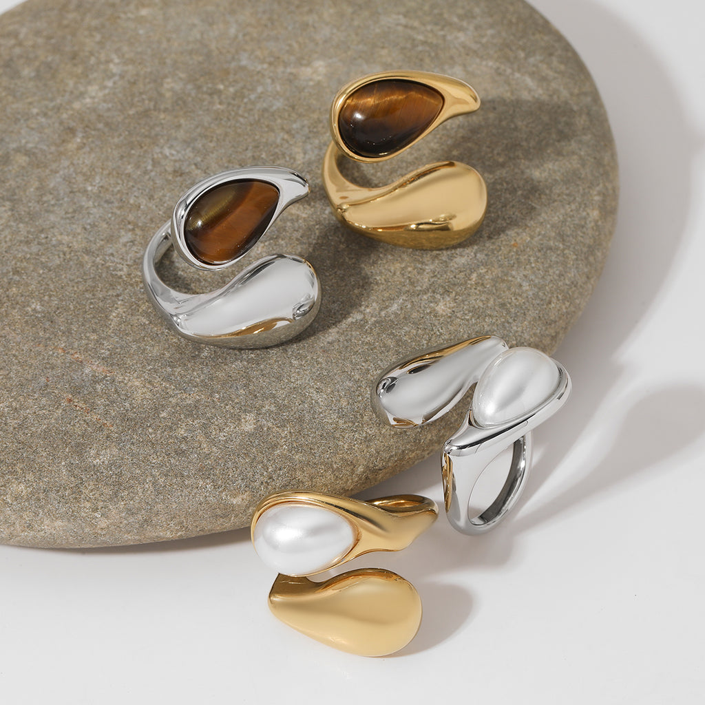 Real Gold Plated 304 Stainless Steel Ion Plating (IP) Pearl Tiger Eye Geometric Waterproof Non Tarnish Simple Style Open Rings For Women's - view 3