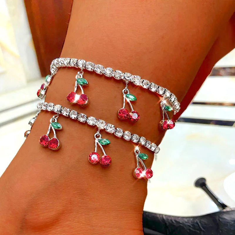 New Rhinestone Cherry Anklet Women's Beach Leisure Fruit Pendant Anklet   Tennis Chain Anklet - front view