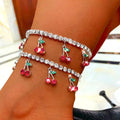 New Rhinestone Cherry Anklet Women's Beach Leisure Fruit Pendant Anklet   Tennis Chain Anklet - front view