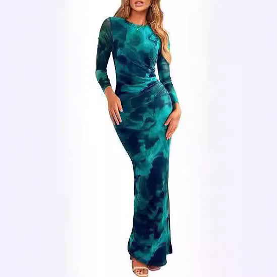 Autumn New Long Sleeve Floral Print Tight Pleated Sexy Women Dress - front view