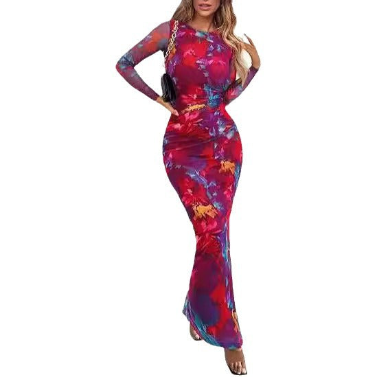 Autumn New Long Sleeve Floral Print Tight Pleated Sexy Women Dress - view 4