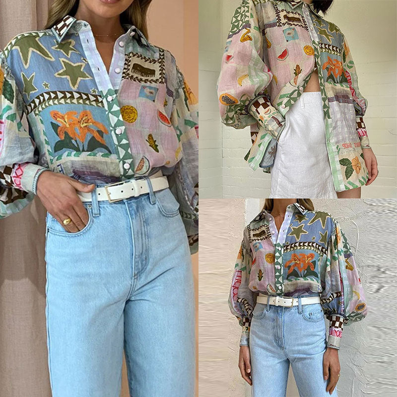Wholesale Women's Hawaiian Multicolor Long Sleeve Blouses - front view