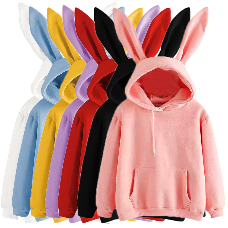 Autumn And Winter New Women's Harajuku Wei Hooded Rabbit Sweater Solid Color Loose Casual Women's Top - front view