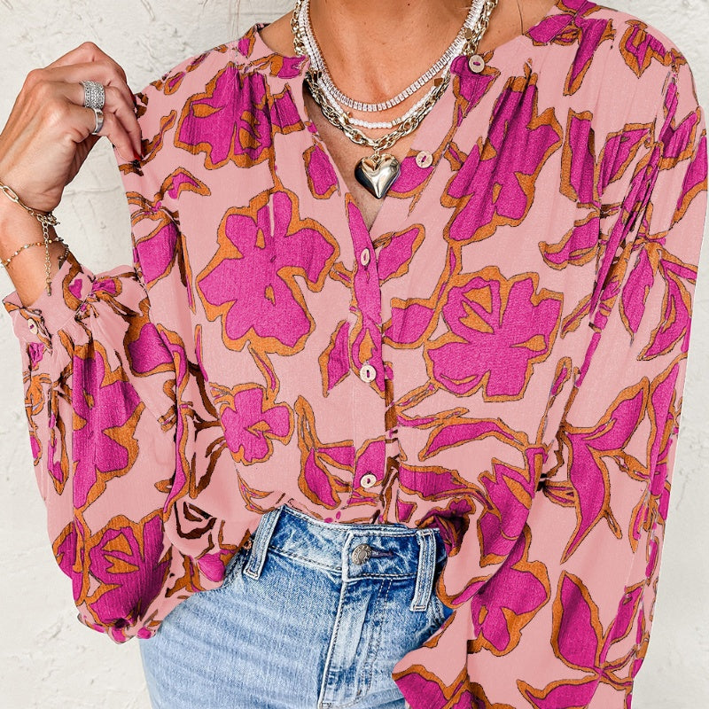 Wholesale Women's Vintage Style Flower Long Sleeve Blouses - front view
