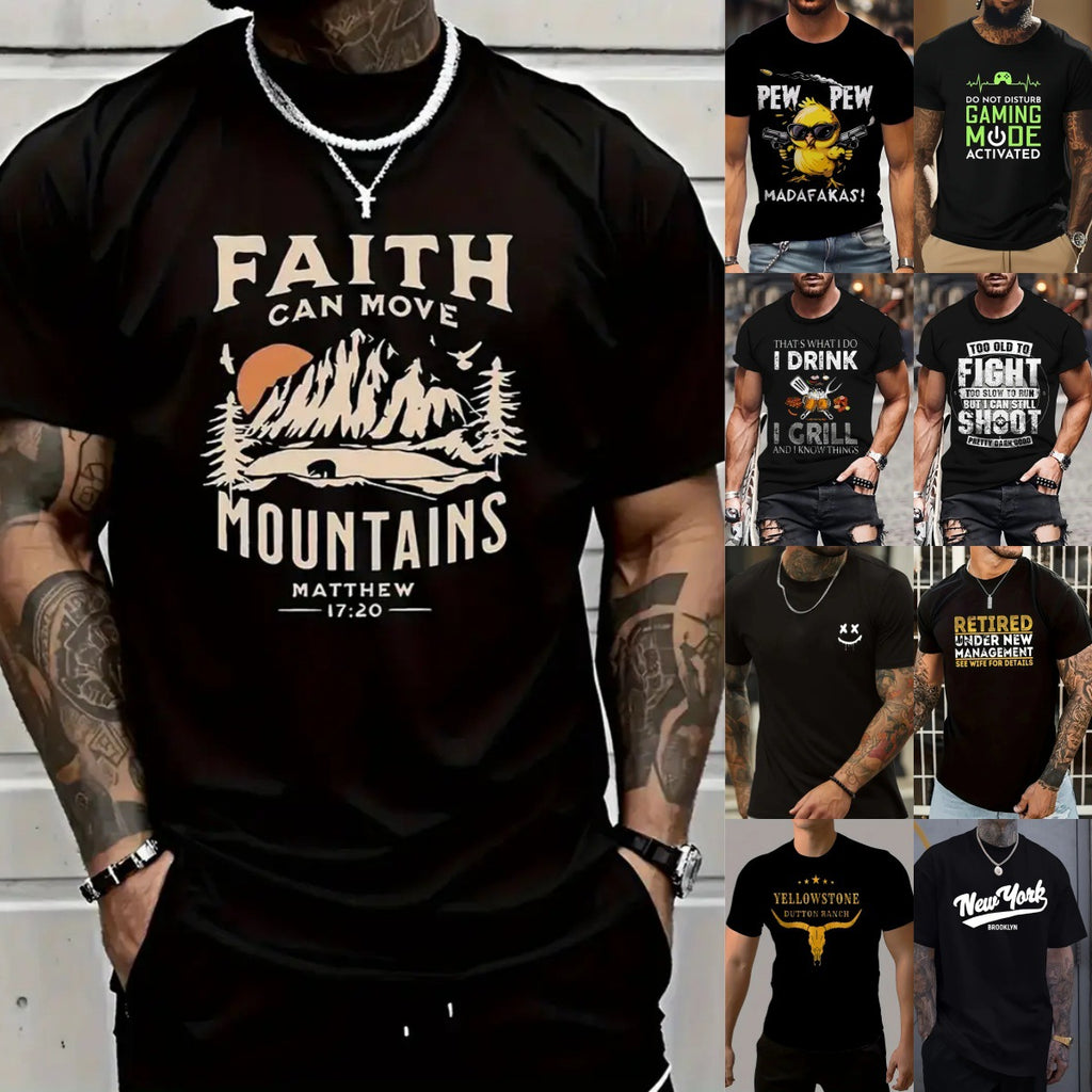 Men's Letter Casual Round Neck Short Sleeve Regular Fit Men's T-shirt - front view