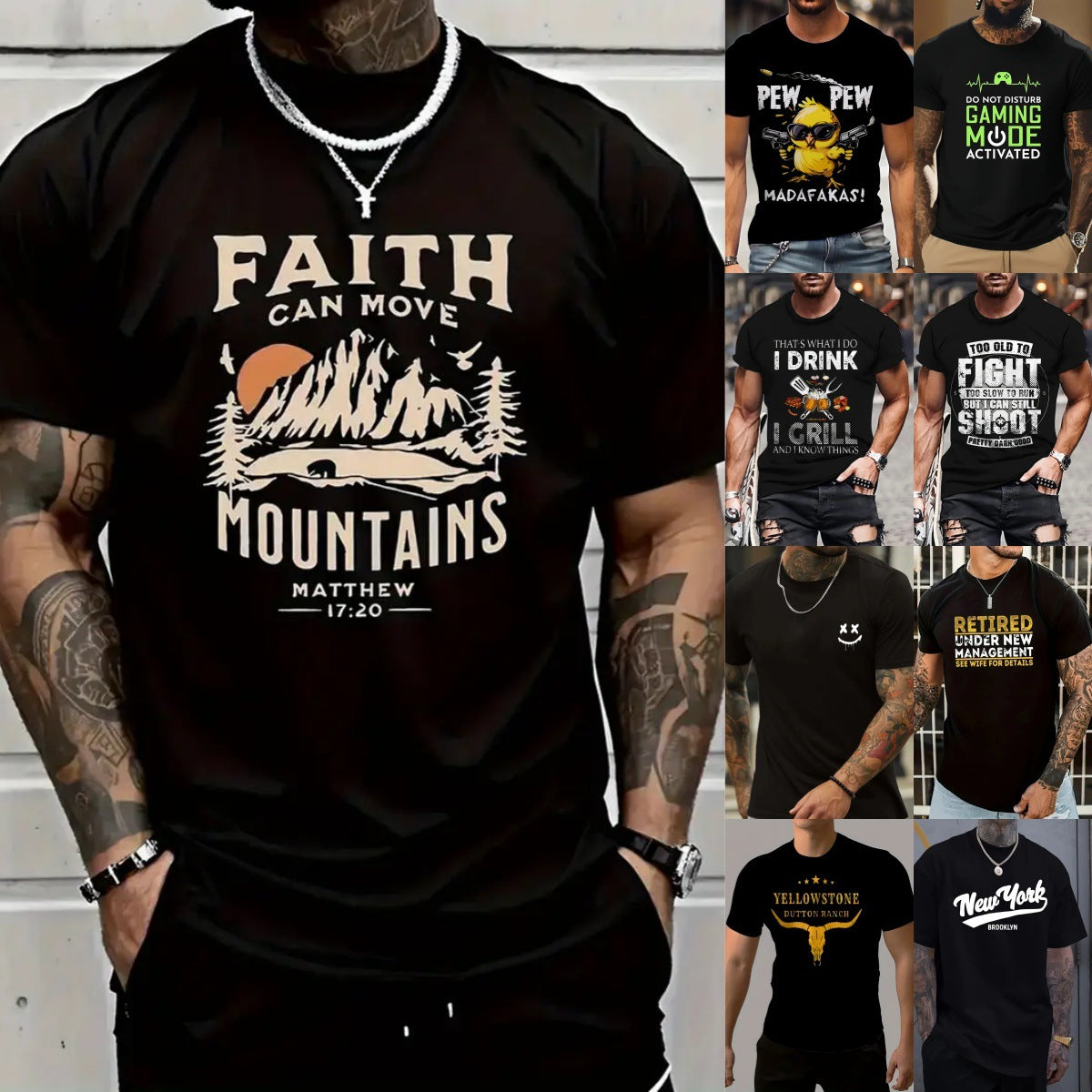 Men's Letter Casual Round Neck Short Sleeve Regular Fit Men's T-shirt - front view