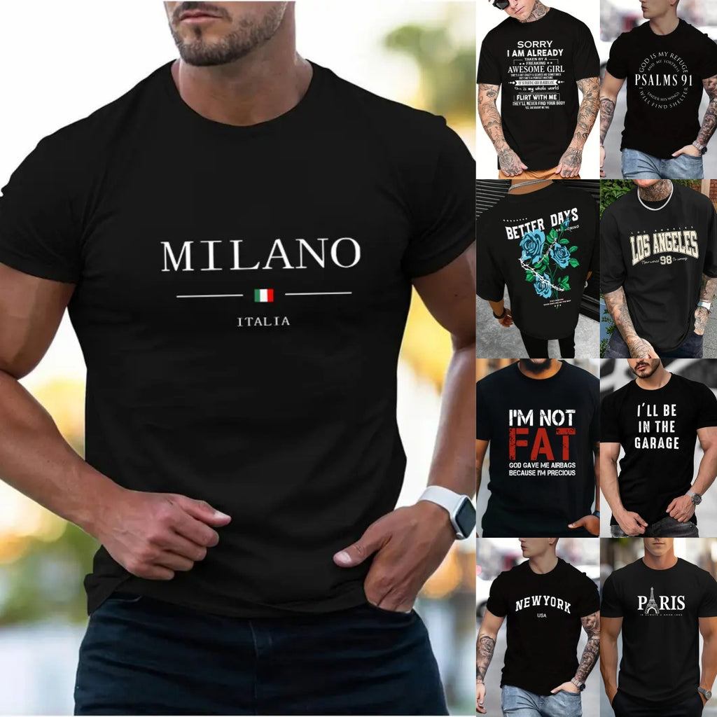 Men's Letter Casual Round Neck Short Sleeve Regular Fit Men's T-shirt - front view