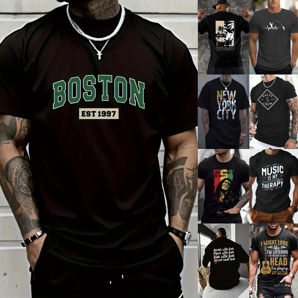 Men's Guitar Letter Casual Round Neck Short Sleeve Regular Fit Men's T-shirt - front view