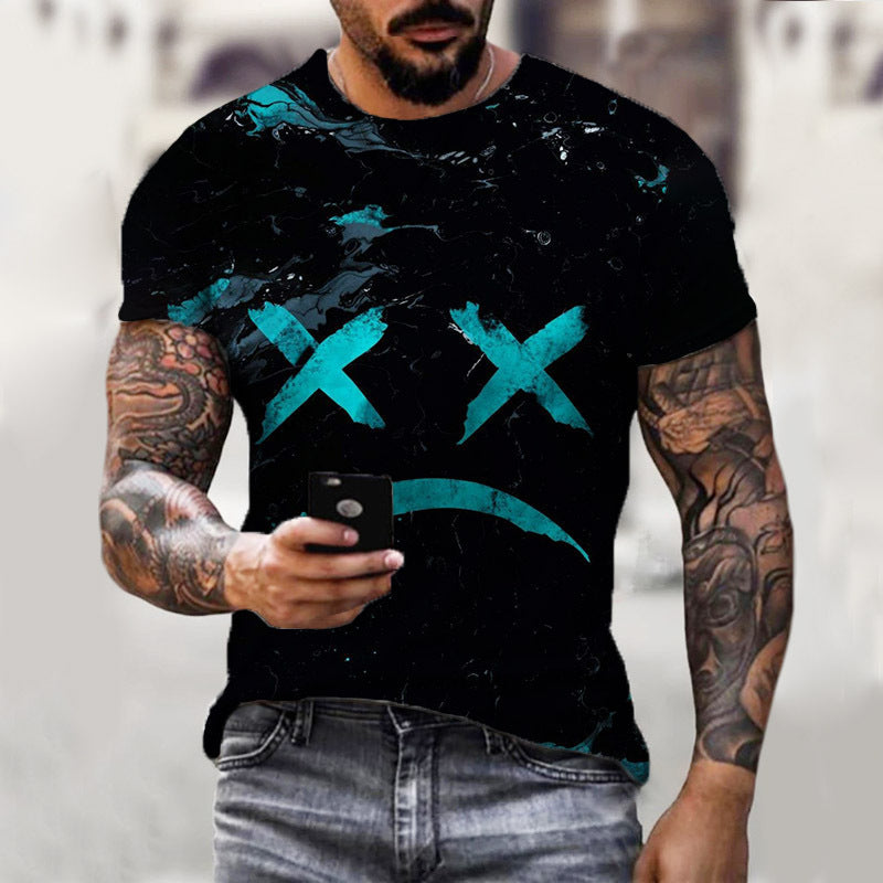 Men's Smiley Face Sports Round Neck Short Sleeve Loose Men's T-shirt - front view
