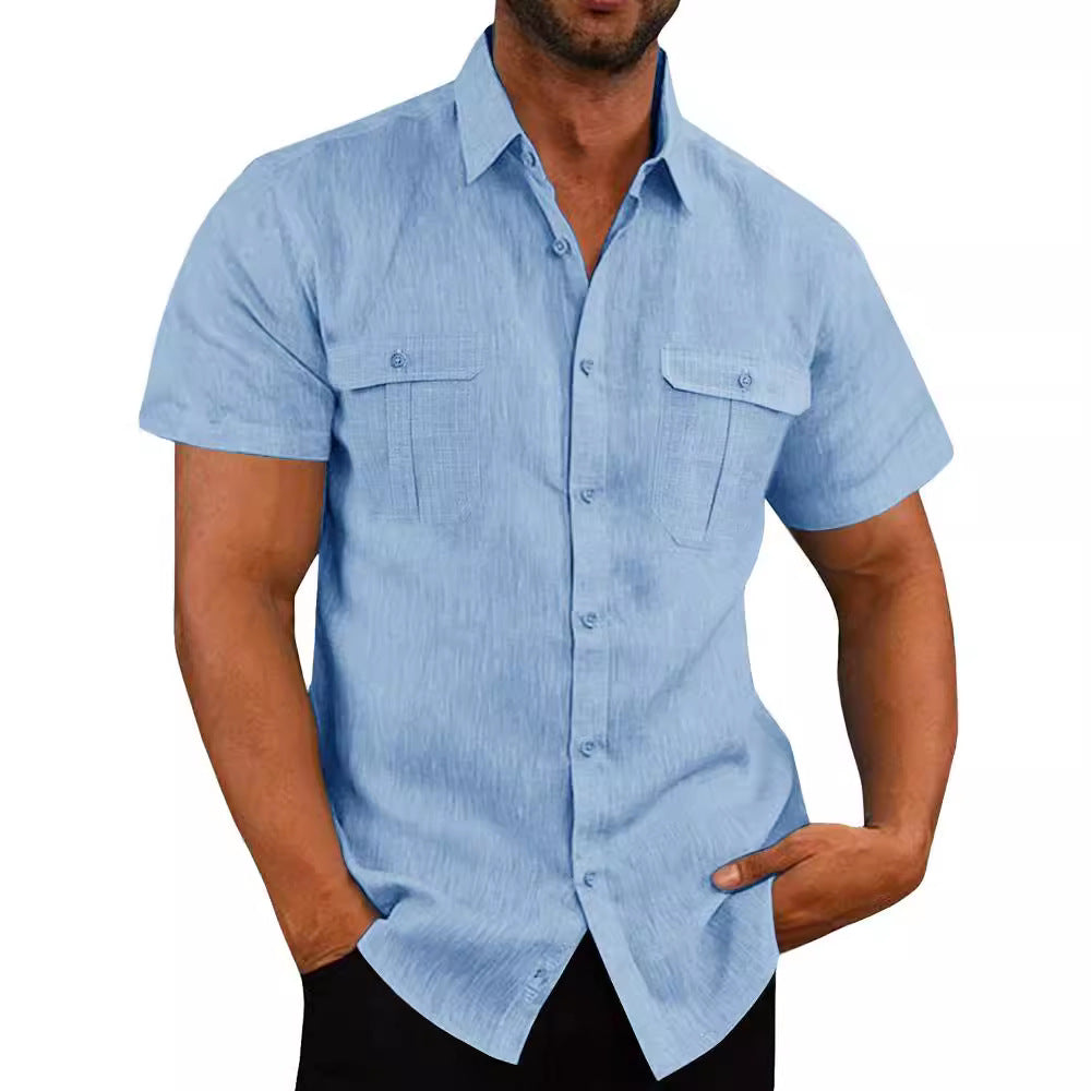 Designed European And American Men's Shirt Double Pocket Cotton Linen Short Sleeve Shirt Casual Vacation Shirt 7 Colors - view 5